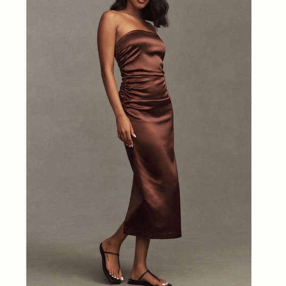 Danielle Strapless Side-Slit Stretch Satin Maxi Dress by Bhldn in Brown, Women's Size: Large